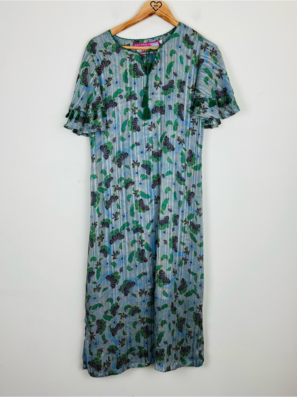 Moroccan designer blue green metallic floral caftan dress tassel contrast lining